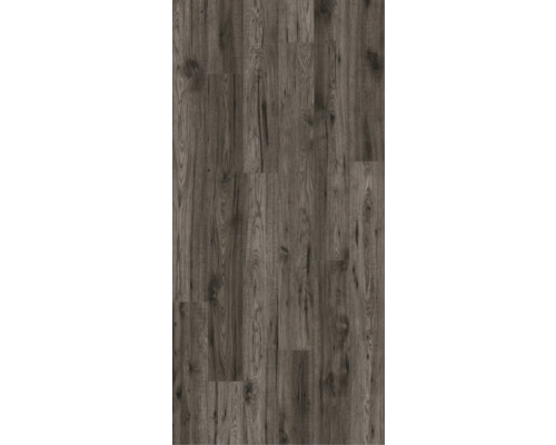 Pose de panneaux de sol en vinyle gris avec aspect bois.