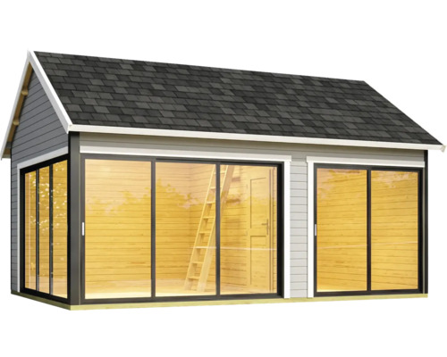 Abri de jardin avec portes coulissantes et toit à deux pentes