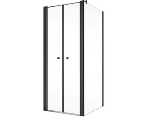 Douche d''angle avec deux portes pivotantes et cadre noir