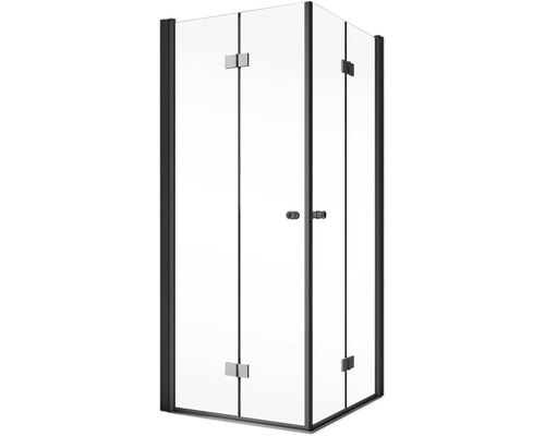 Eckdusche mit Klarglas und dunklem Rahmen