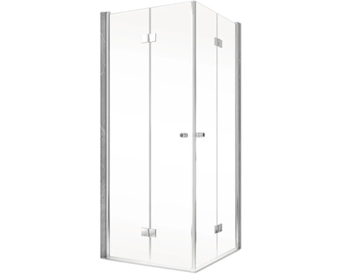 Cabine de douche d''angle avec parois en verre transparent et ferrures argentées