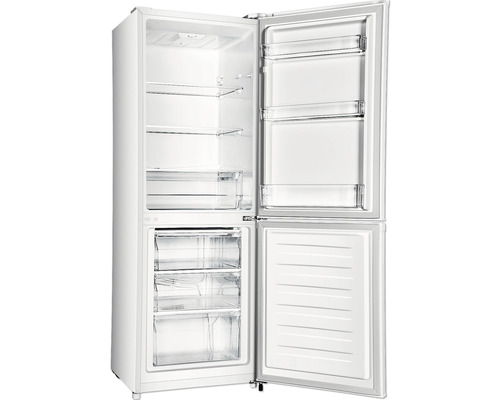 Réfrigérateur ouvert avec compartiment congélateur et étagères transparentes