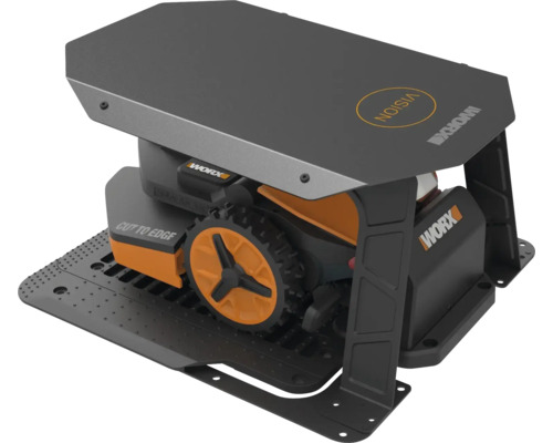 Logo Worx. Robot tondeuse avec abri.