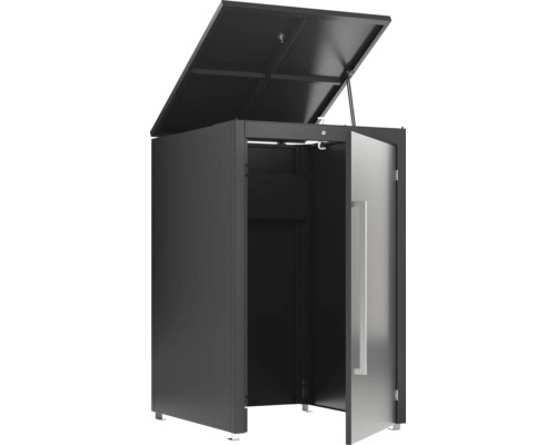 Armoire à outils avec porte et couvercle ouverts pour ranger les outils de jardin et les outils.