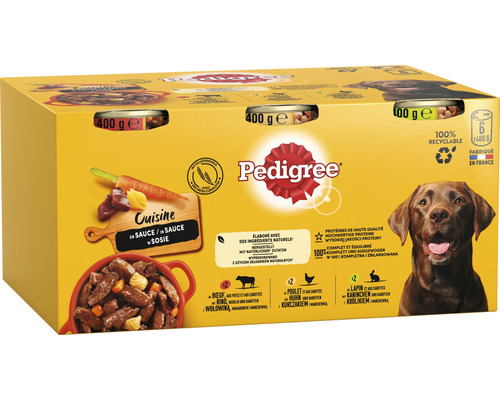 Aliment pour chiens Pedigree émincé juteux avec sauce 6x400 g Pedigree Cuisine Aliment humide pour chiens Multipack avec boeuf, volaille et lapin en sauce, 6 x 400 grammes