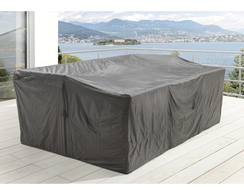 Housse de protection Destiny pour coins salon 270x250x80cm, avec sac de rangement Housse de protection grise pour mobilier de jardin sur une terrasse avec vue