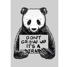 Illustration eines Pandas mit einem Schild, das die Aufschrift ''Werde nicht erwachsen, es ist eine Falle'' trägt.