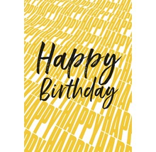 Grusskarte mit der Aufschrift ''Happy Birthday'' vor einem sich wiederholenden ''Happy''-Schriftzug