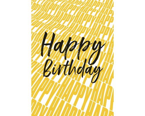Grusskarte mit der Aufschrift ''Happy Birthday'' vor einem sich wiederholenden ''Happy''-Schriftzug