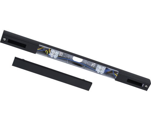 Rail d''alimentation noir avec boîtier ouvert pour voir le câblage