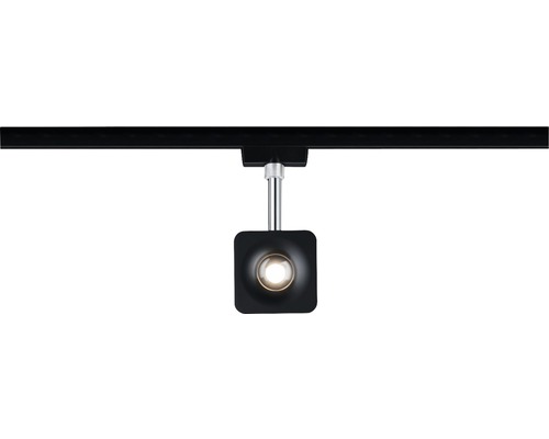 Schienenstrahler mit schwarzem, würfelförmigem Kopf an schwarzer Schiene