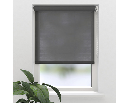 Fenster mit grauer Rollgardine