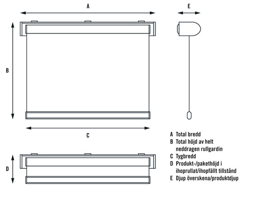 Technische Zeichnung einer Rollgardine mit Maßangaben.