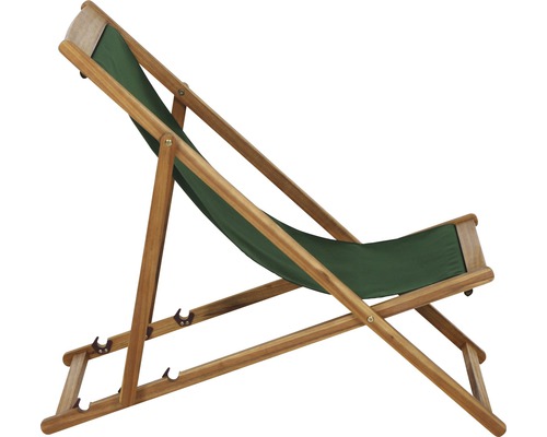 Liegestuhl aus Holz mit grünem Bezug für den Garten