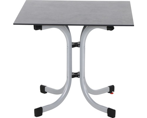 Quadratischer Klapptisch mit grauem Tischblatt und silberfarbenem Gestell