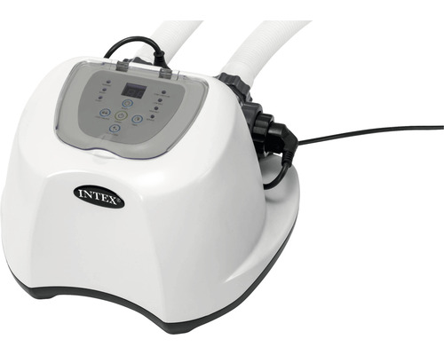 INTEX Krystal Clear Système d'eau salée, modèle QS 500, jusqu'à 26500 L (26668) Logo Intex sur un chauffage de piscine avec deux tuyaux et un panneau de commande