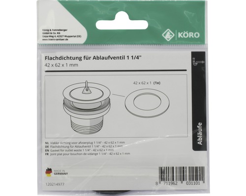 Flachdichtung für Ablaufventil 1 1/4 Zoll, 42 x 62 x 1 Millimeter