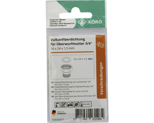 Vulkanfiberdichtung für Überwurfmutter 3/4 Zoll, 16x24x1,5 mm
