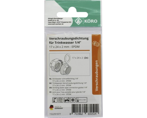 Joint de raccordement pour eau potable 1/4 pouce, 17 x 24 x 2 millimètres, EPDM