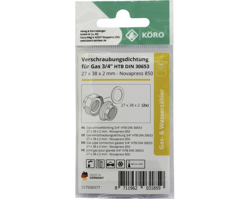 Joint de raccordement gaz 3/4 pouce HTB DIN 30653, 27 x 38 x 2 millimètres, Novapress 850