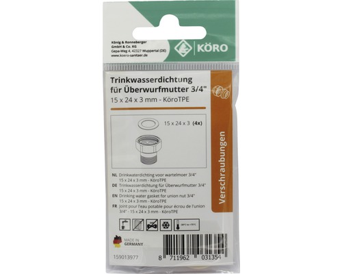 Trinkwasserdichtung für Überwurfmutter 3/4 Zoll, 15 x 24 x 3 Millimeter