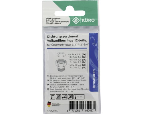 Dichtungssortiment Vulkanfiberringe, 12-teilig für Überwurfmutter