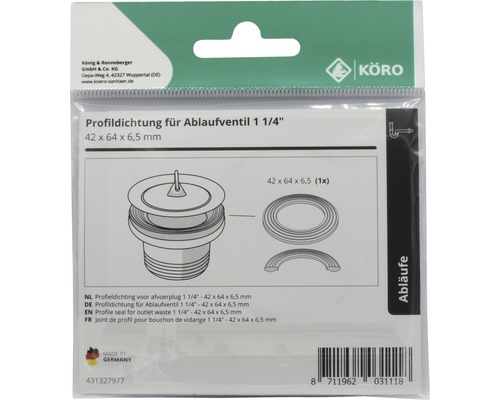 Joint profilé pour bonde de vidange 1 1/4 pouce, dimensions 42 x 64 x 6,5 mm