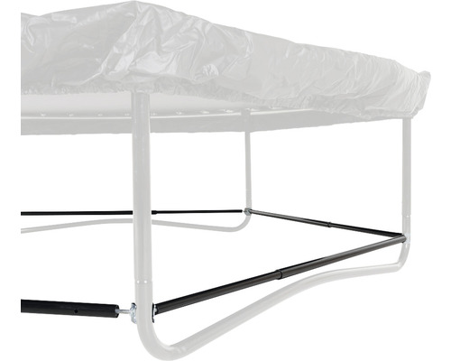 Detailansicht eines Trampolins mit schwarzer Rahmenbefestigung.