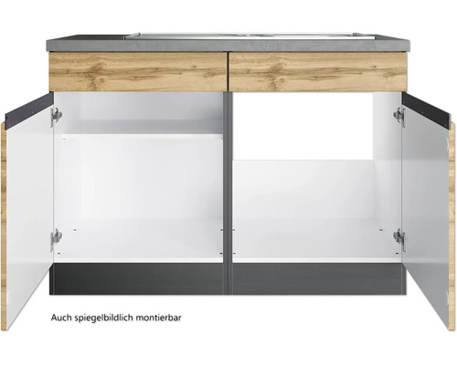 Meuble sous-vasque avec portes ouvertes pour salle de bain