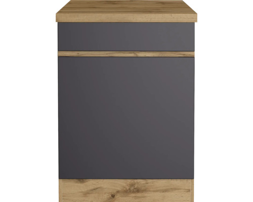 Vue de face d''un meuble de salle de bains gris avec structure en bois