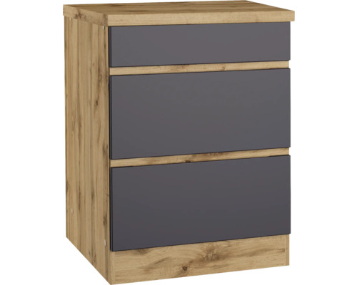 Meuble bas à coulisse Held Möbel Pisa l/p/h 60x60x86 cm gris/chêne sauvage mat Table de chevet avec trois tiroirs aspect bois et façades de tiroirs foncées