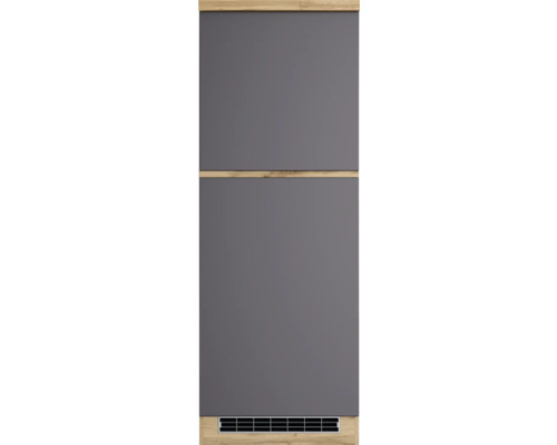 Armoire de cuisine grise avec cadre en bois et grille de ventilation intégrée