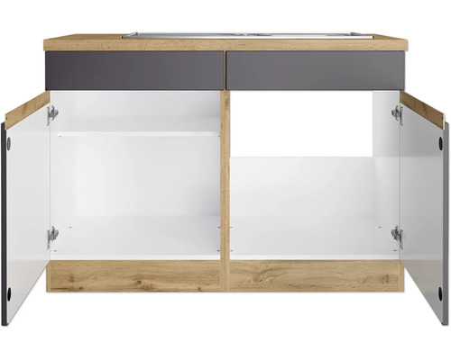 Meuble sous-vasque avec deux tiroirs et portes ouvertes