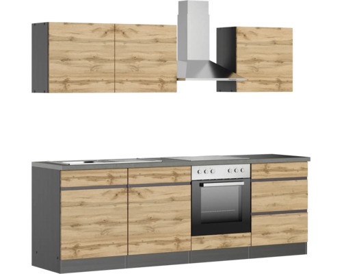 Cuisine équipée avec évier, cuisinière, four, hotte aspirante et éléments hauts