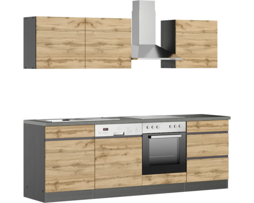 Cuisine avec éléments hauts et bas, cuisinière, lave-vaisselle et hotte aspirante