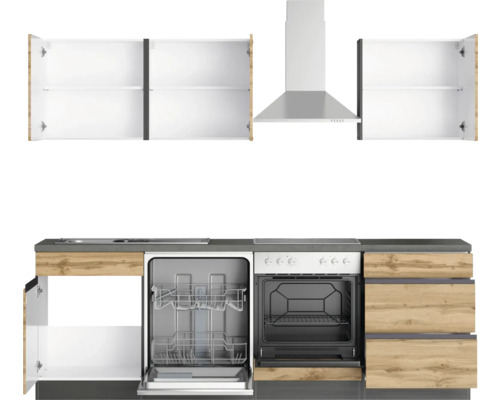 Cuisine équipée avec lave-vaisselle, four, hotte et armoires