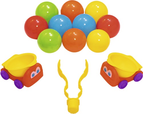 Ensemble de jeu avec des balles colorées, une pince et des camions jouets