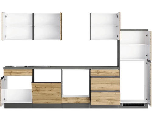 Küchenzeile mit Ober- und Unterschränken sowie Arbeitsplatte