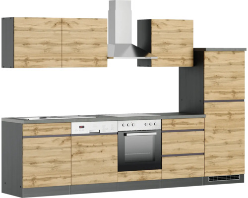 Cuisine complète avec éléments hauts, hotte aspirante, évier, lave-vaisselle et four