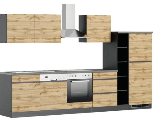 Cuisine équipée avec armoires encastrées, hotte aspirante et appareils électriques