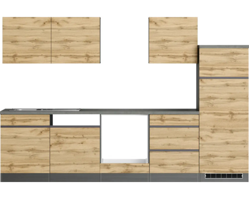 Küchenzeile mit Hängeschränken, Arbeitsplatte und Unterschränken