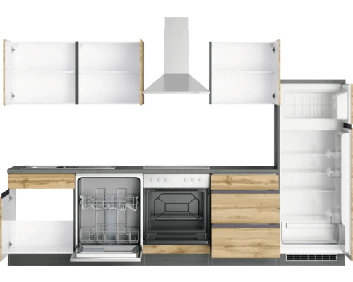 Cuisine moderne avec appareils intégrés, plan de travail et armoires murales