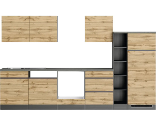 Cuisine équipée avec éléments hauts, éléments bas et étagères