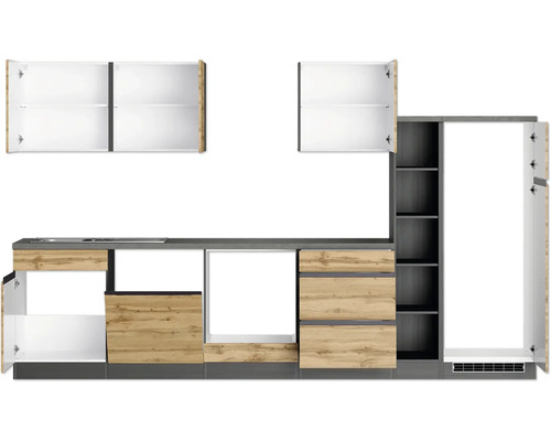 Cuisine linéaire avec armoires suspendues, tiroirs et étagères