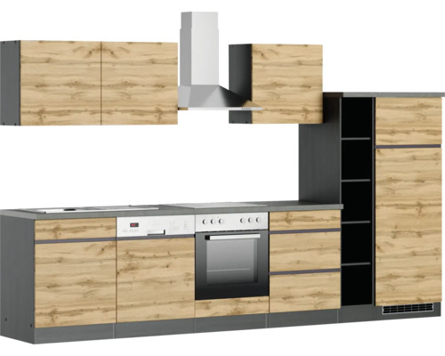 Cuisine complète avec éléments hauts, hotte aspirante, évier, cuisinière, four et lave-vaisselle