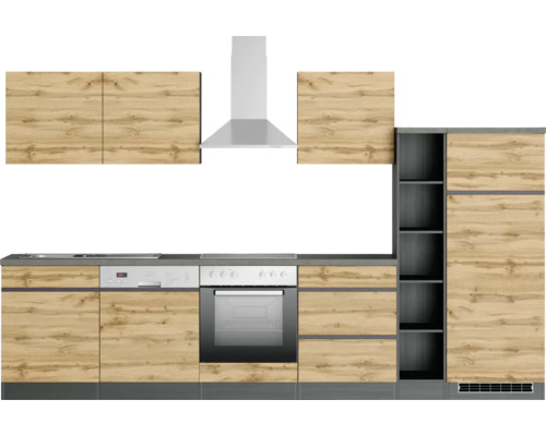 Cuisine équipée avec évier, lave-vaisselle, four, hotte aspirante et placards