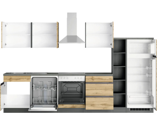 Cuisine équipée avec lave-vaisselle, cuisinière, hotte et réfrigérateur