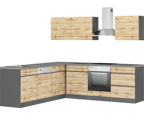 Cuisine intégrée moderne avec hotte aspirante et décor bois