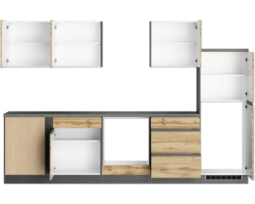 Cuisine équipée avec éléments hauts, tiroirs et éléments bas aspect bois