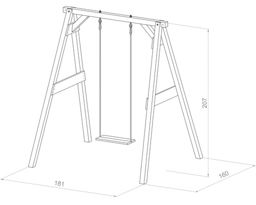 Dessin d''une balançoire en bois avec les dimensions 207 x 181 x 160 cm.